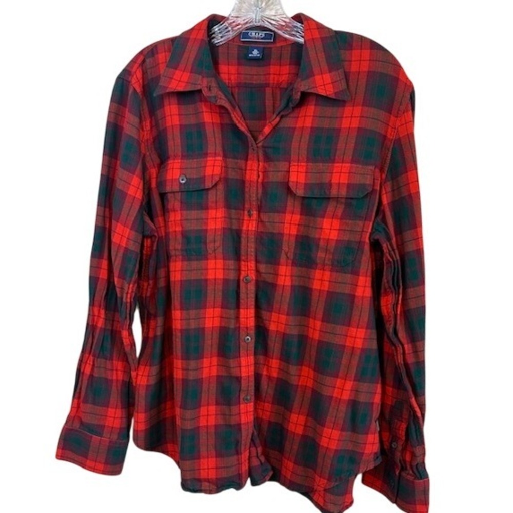 CHAPS Denim Women's Red‎ Green Holiday Plaid Button Up Shirt XL Christmas
